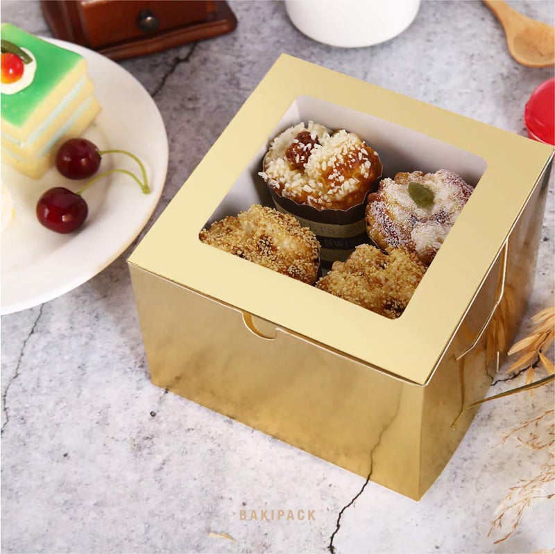 BAKIPACK 25 Gold Bakery Boxes with Window 5x5x3.5 Inches, Dessert Boxes to Go with Window, Treat Boxes for Small Bakery, Dessert, Candy, Cookies, Pastry, Party Favors, Wedding Cake - Image 2